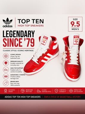Adidas Top Ten High Top Sneakers | Red White Patent Leather | Men’s Size 9.5 NWT